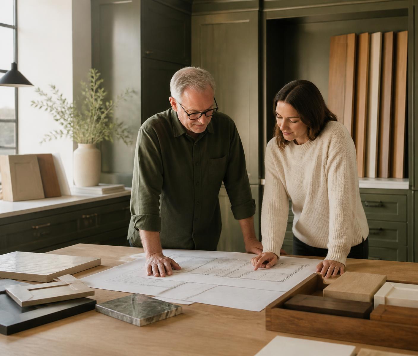 Family cabinetmakers reviewing drawings in their studio