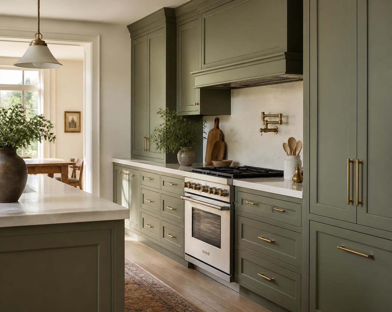 Style inspiration: olive green painted inset kitchen cabinetry