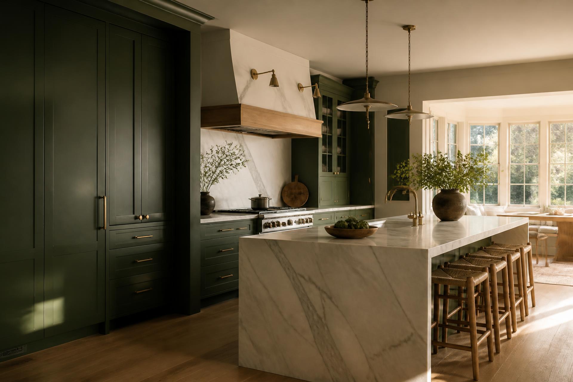 Olive custom cabinetry and a stone island in a sunlit Bay Area kitchen