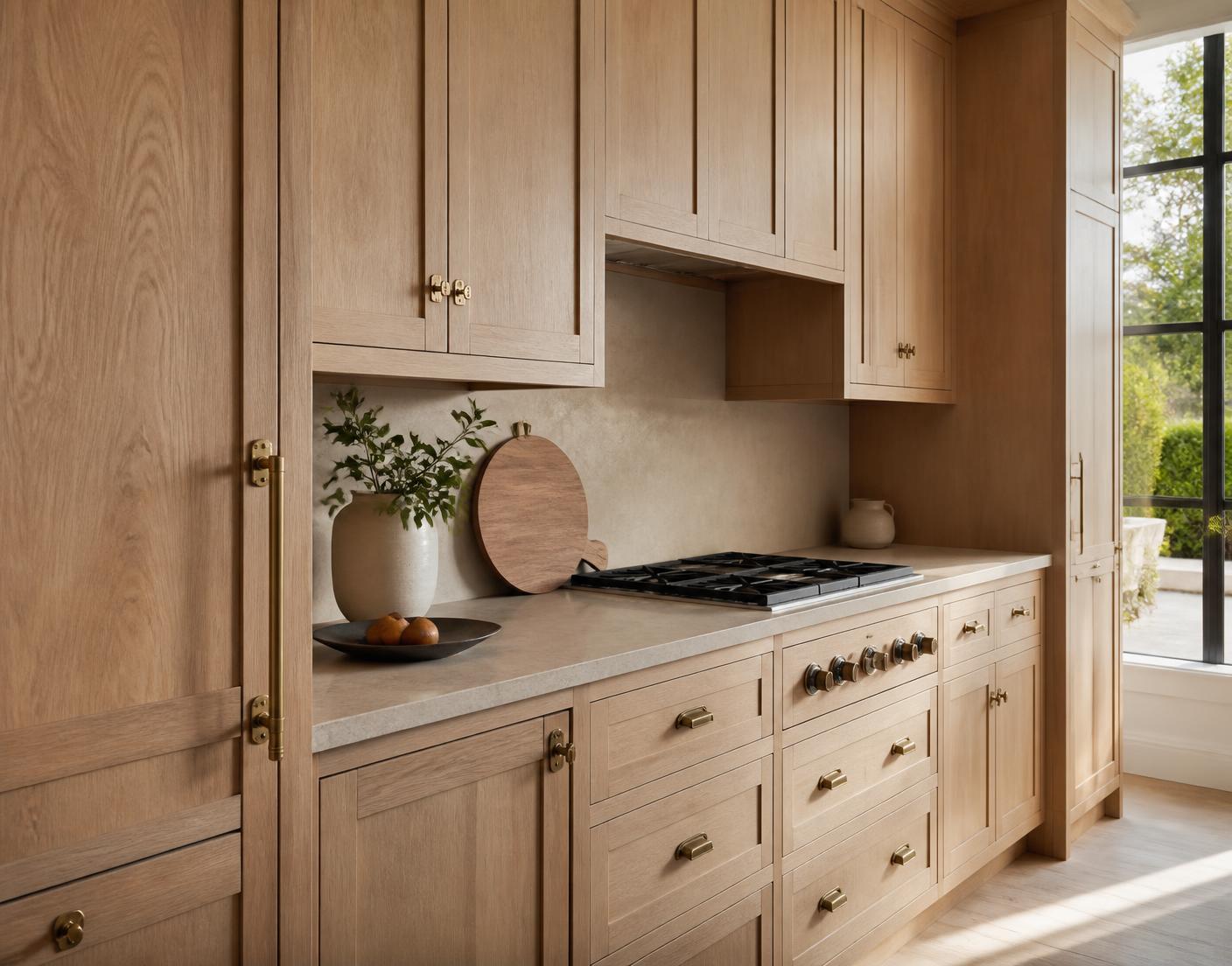 Close view of tailored white oak kitchen cabinetry