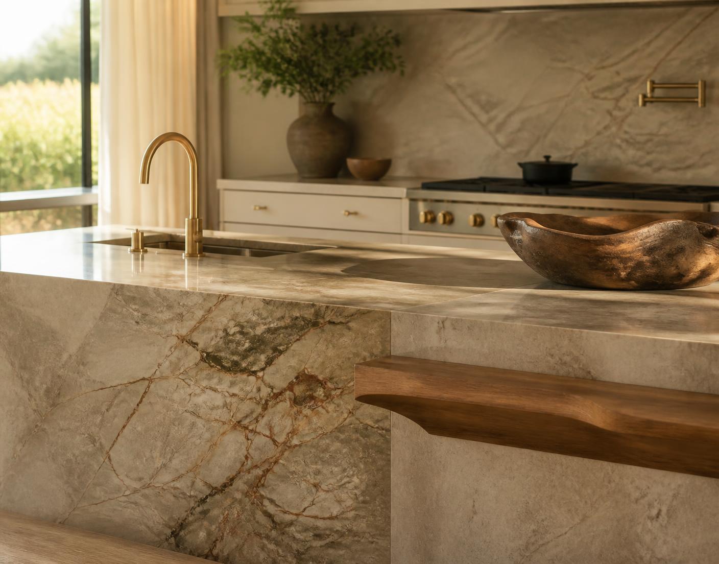 Honed natural stone island with warm brass fixtures